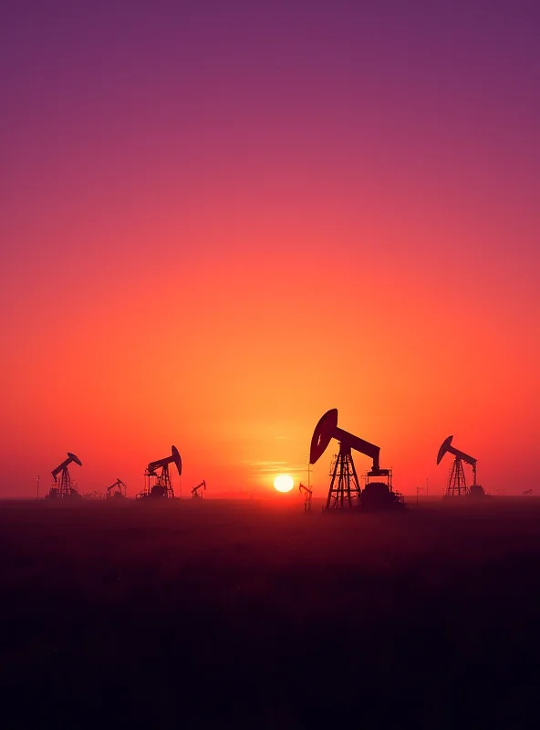 Oil derricks pumping oil in a vast field, with a sunset in the background.