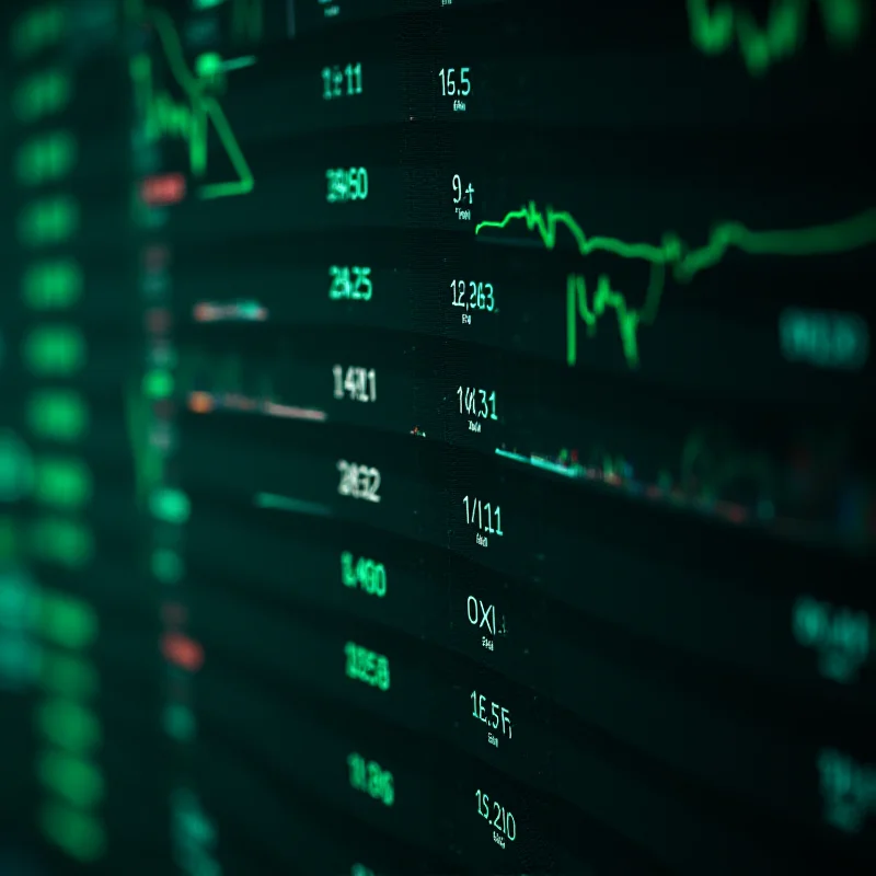 A close-up of stock ticker data on a digital screen, showing fluctuating prices and financial information.