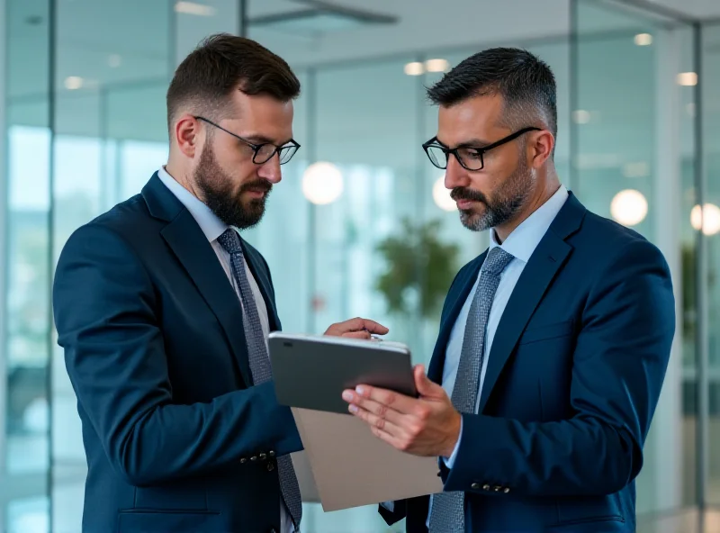 Two executives, a CFO and a CIO, discussing data on a tablet while standing in a modern office. The CFO is pointing at the tablet screen while the CIO listens attentively.