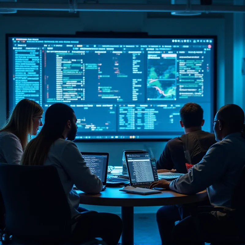 A diverse team of professionals working collaboratively in a modern office, reviewing cybersecurity data and discussing risk mitigation strategies.