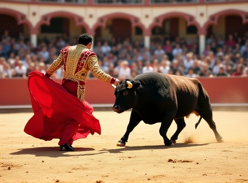 A bullfighter in a traditional costume facing a large bull in an arena, with a crowd watching in the background. The bull is charging towards the bullfighter.