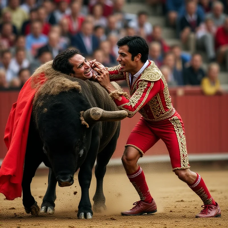 A split image showing a bullfighter being injured on one side and a football team celebrating a goal on the other, representing the contrast between injury and victory in sports.