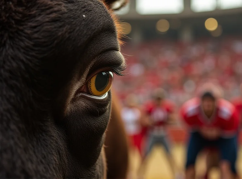 Close-up of a bull's eye, symbolizing the precision required in bullfighting and the potential for injury, contrasted with a blurred image of a cheering football crowd, representing the excitement and unpredictable nature of sports.