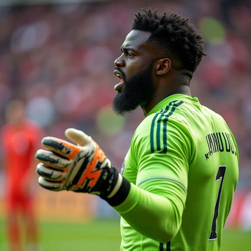 Image of Noah Atubolu, the goalkeeper for SC Freiburg, in action during the Bundesliga match against FC Augsburg