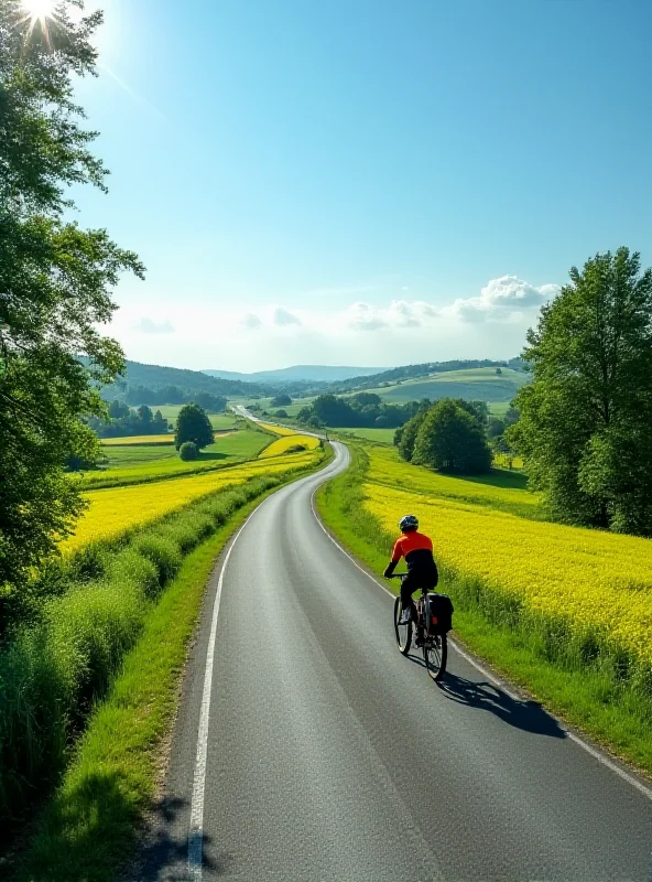 A lone cyclist riding on a country road on a sunny day.