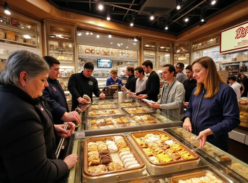 A busy Greggs store with customers inside, showcasing a variety of baked goods and sandwiches.