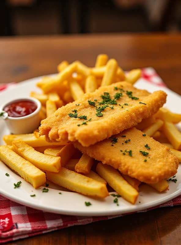 A plate of fish and chips served at Colmans, garnished with lemon and parsley.