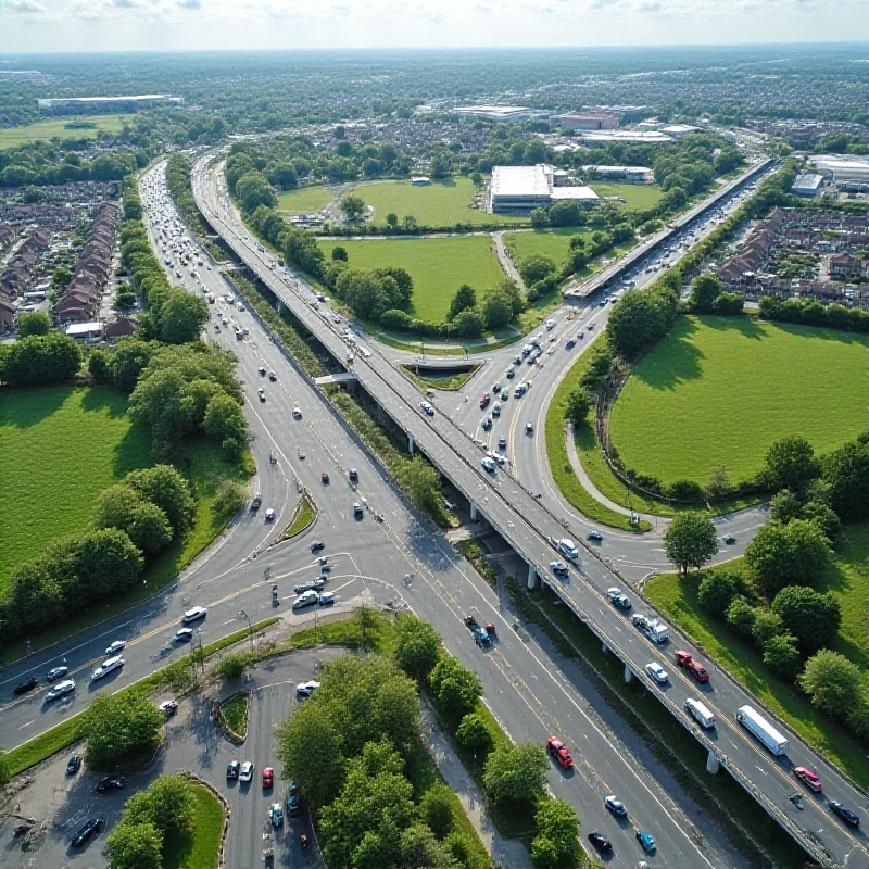 An aerial view of a highway intersection in Warrington, showcasing the existing road network.