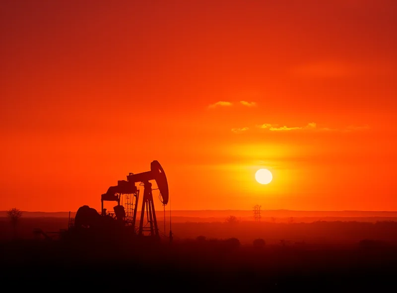 Oil pump jack silhouette against a sunset, representing the energy sector