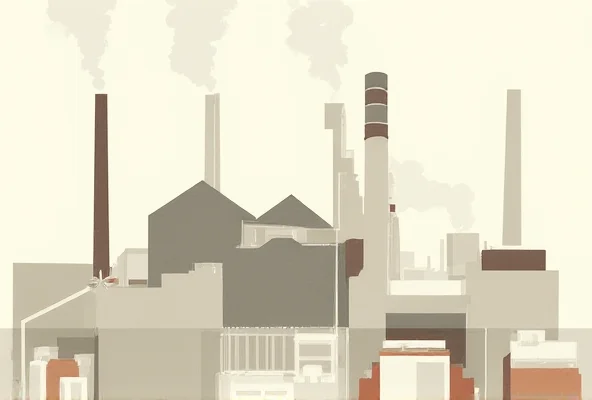 An abstract representation of a paper mill, with smoke stacks and rolls of paper. The image is stylized and modern.