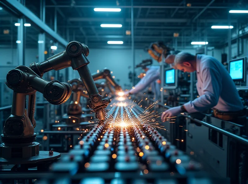 Image of a factory with robots working on an assembly line, representing the manufacturing sector.