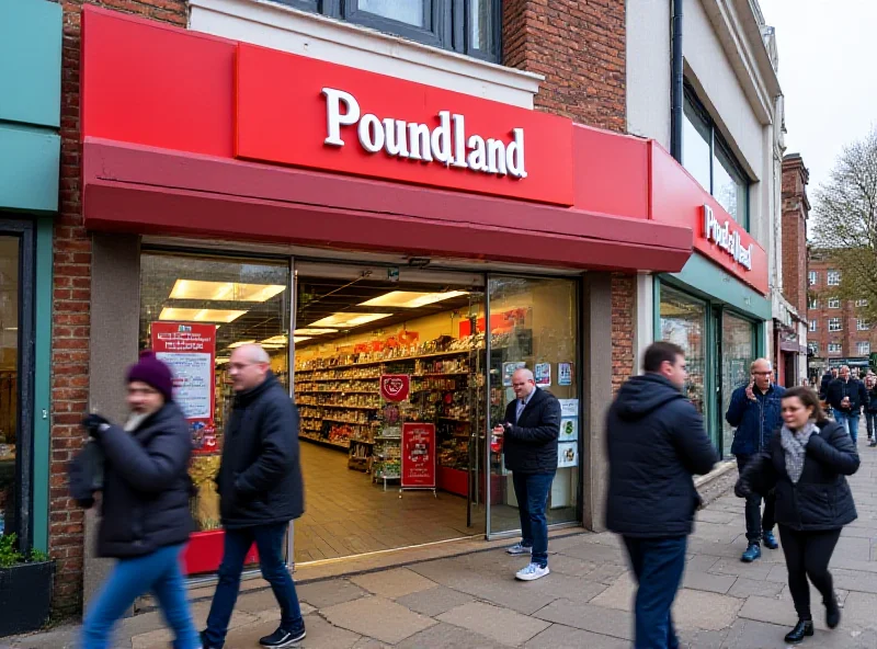 Poundland store exterior with customers entering and exiting.