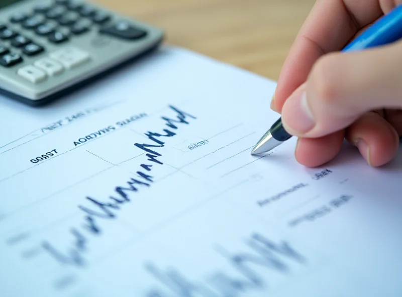 Close-up of a hand writing on a notepad with financial charts and a calculator in the background