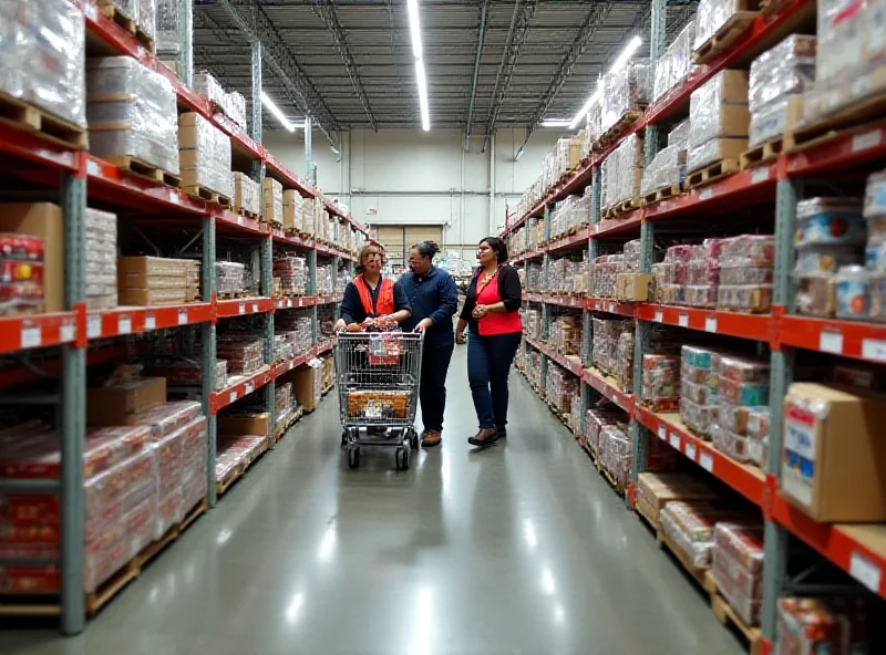 A busy Costco store with shoppers and employees.