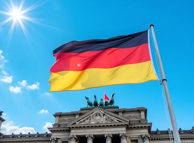 The German flag waving in front of the Reichstag building in Berlin.