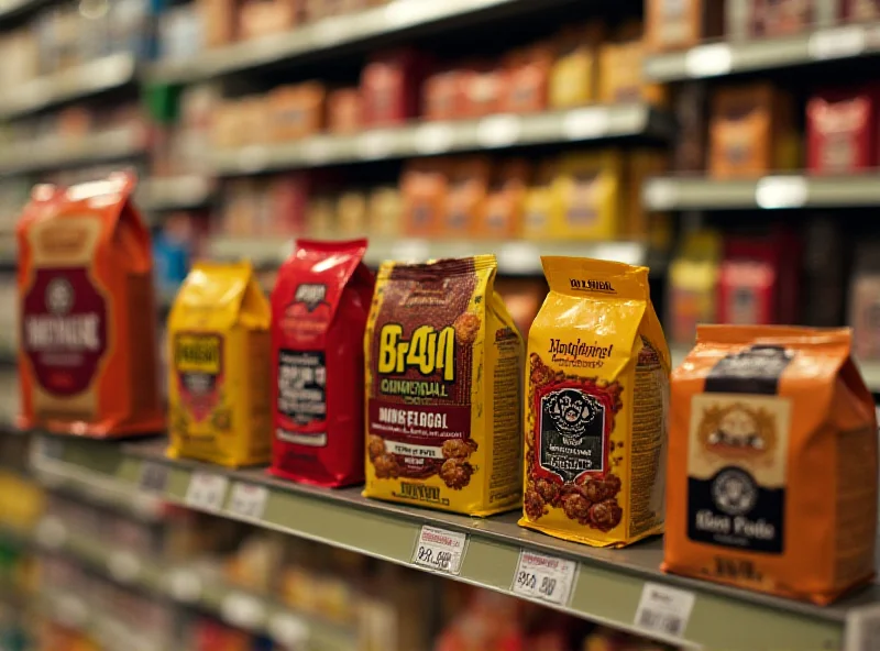 Close-up shot of various coffee packages on a supermarket shelf, some larger and some smaller, highlighting the subtle size difference.