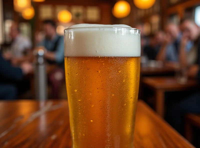 A close-up of a pint of Czech beer with condensation, with a blurred background of a traditional Czech pub.