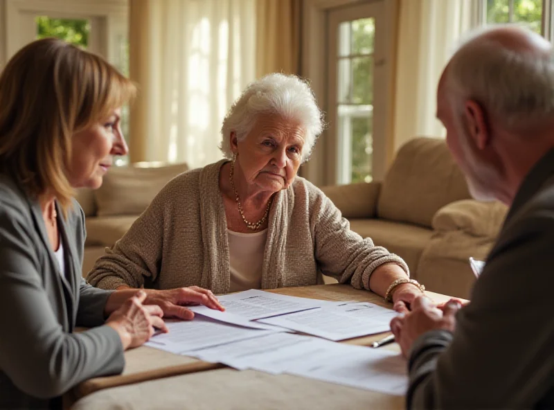 Concerned adult children reviewing financial documents with their elderly mother in a sunny living room.