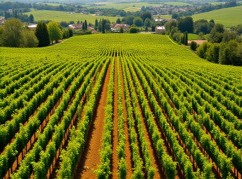 Aerial view of a vineyard in the Saint-Julien appellation, with rows of grapevines extending into the distance.