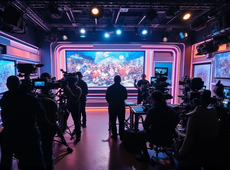 A television studio set with bright lights and multiple cameras, suggesting a live broadcast environment.