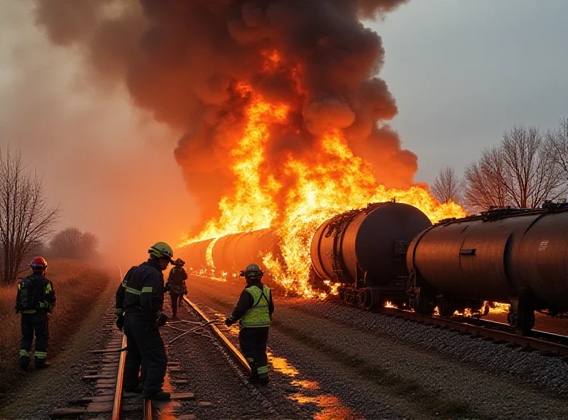 A train engulfed in flames with emergency responders nearby