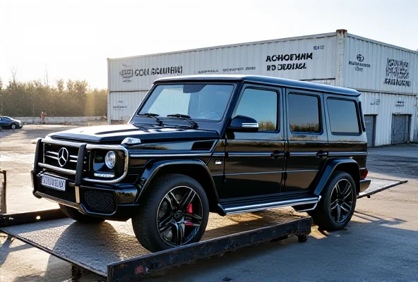 A luxury car being loaded onto a truck with Cyrillic text in the background