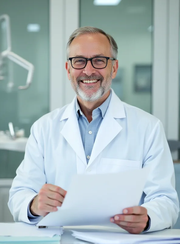 A senior dentist smiles warmly while reviewing documents in his office.