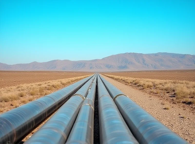 Oil and gas pipelines stretching across a vast landscape under a clear blue sky.