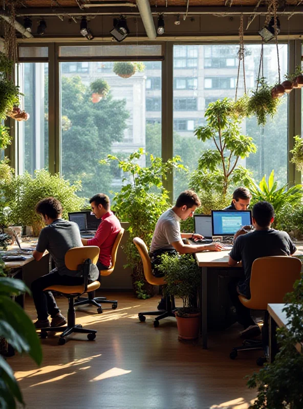 A diverse group of freelancers working on laptops in a modern co-working space.