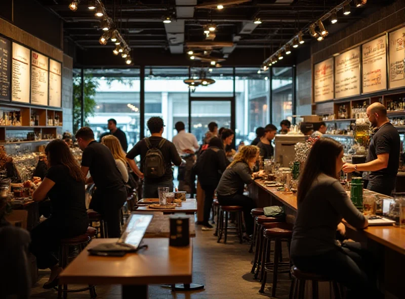 A bustling Starbucks store with customers ordering coffee and baristas preparing drinks.