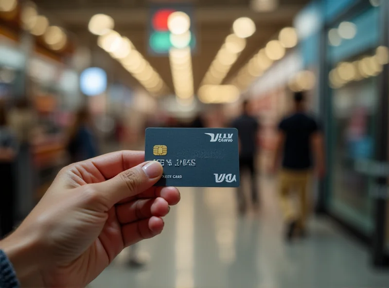 Close-up of a hand holding a credit card, with a blurred background of a shopping environment.