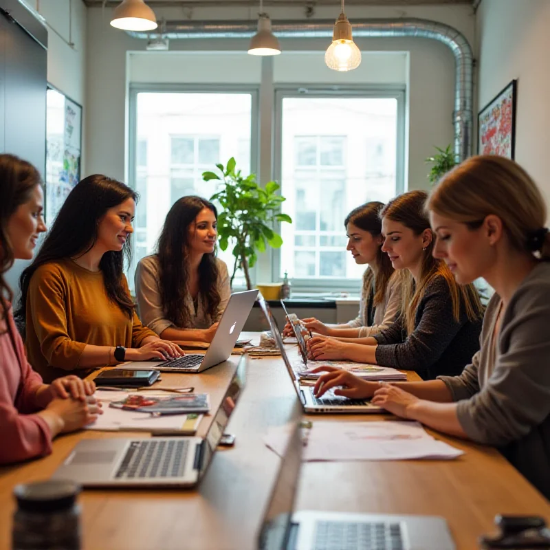 A diverse group of women entrepreneurs collaborating in a bright, modern co-working space, brainstorming ideas and working on laptops.