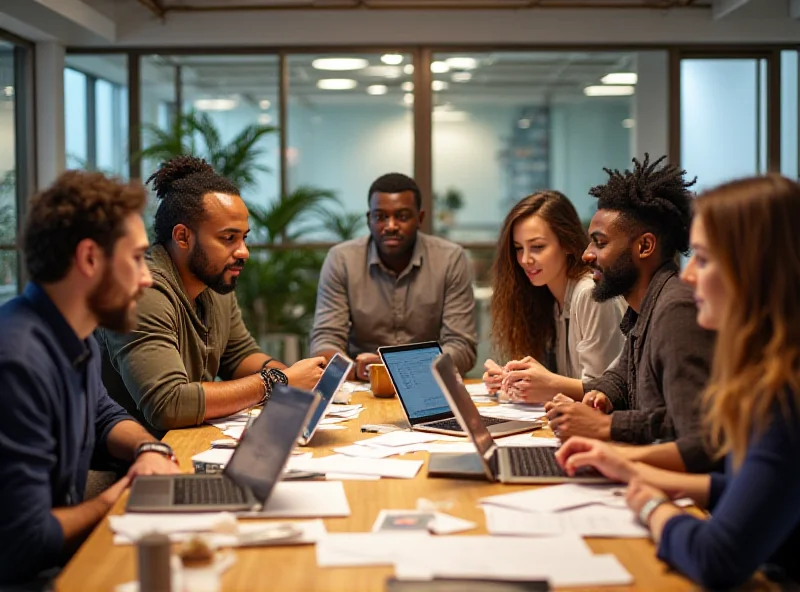 A diverse group of entrepreneurs collaborating in a modern office space, brainstorming ideas and working on laptops.