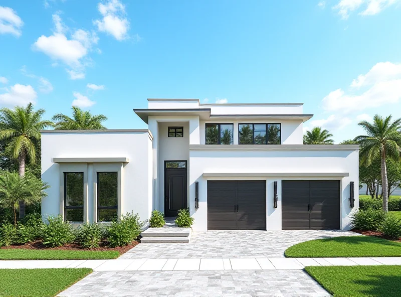 Modern luxury home exterior in a sunny Florida neighborhood, showcasing the architectural style typical of GL Homes.