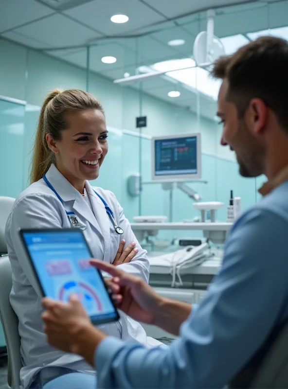 A dentist smiling while consulting with a patient, with digital marketing analytics displayed on a nearby screen.