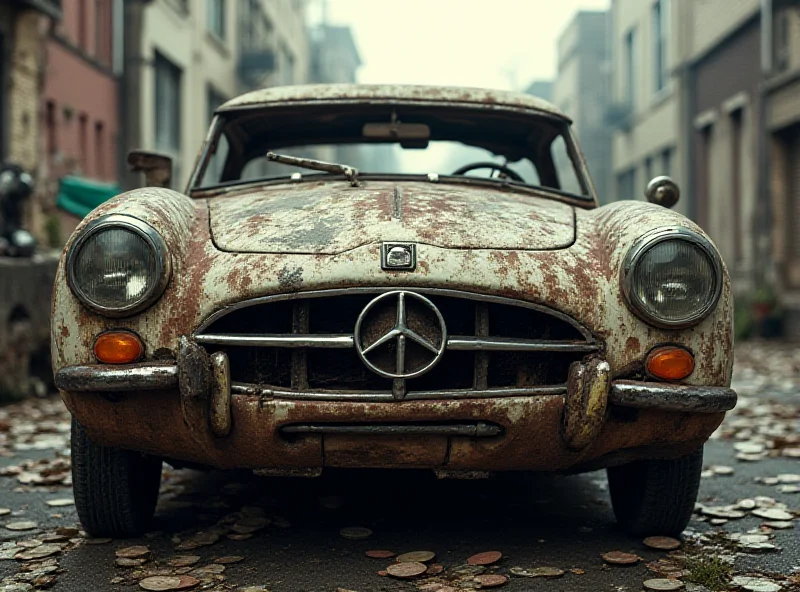 A dilapidated car being towed away, with dollar signs floating around it.