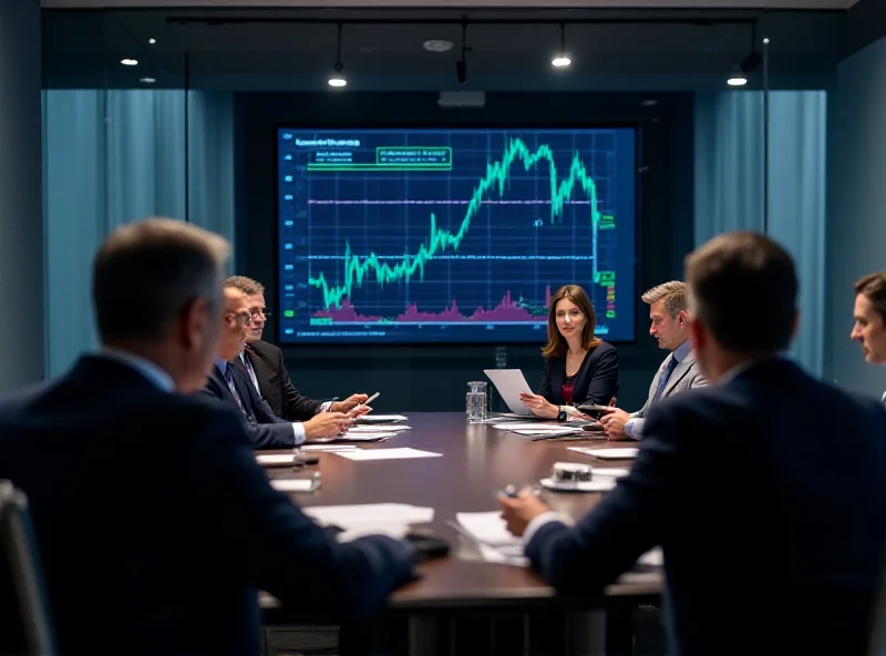 AI-generated image of a stock ticker overlaid on a conference room with business professionals