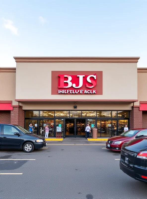 AI-generated image of a modern warehouse exterior with BJ's Wholesale Club signage