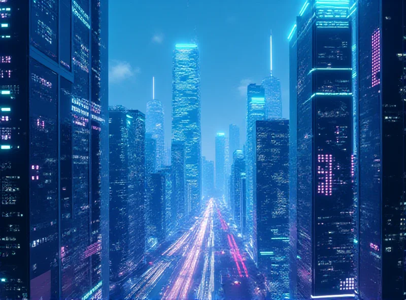 A futuristic cityscape dominated by glowing digital networks, representing the AI industry.