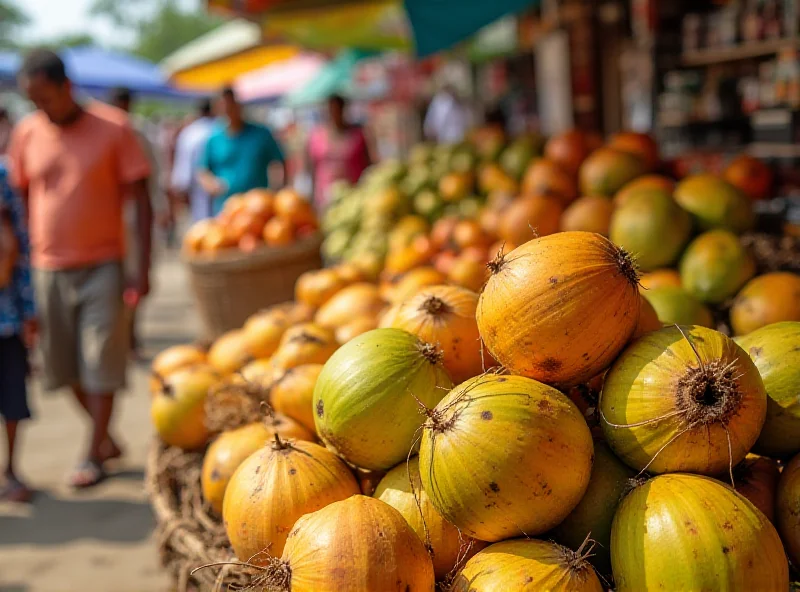 A close-up of coconuts at a market stall in Indonesia