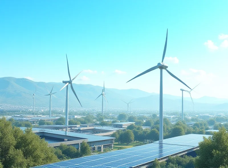 Concept art depicting Azerbaijan's modern cityscape with wind turbines and solar panels, symbolizing innovation and sustainable development.