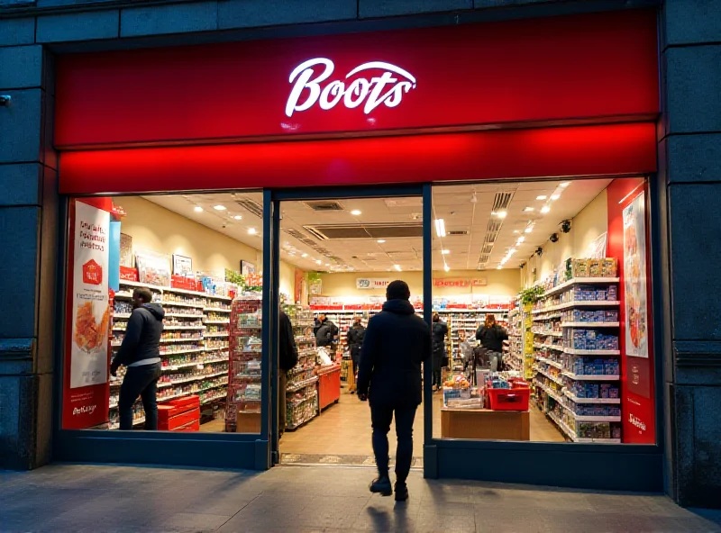 A Boots store front, showcasing its pharmacy and retail sections, with people browsing outside.