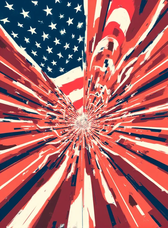 A stylized graphic representing tariffs, with converging lines and the US flag in the background.