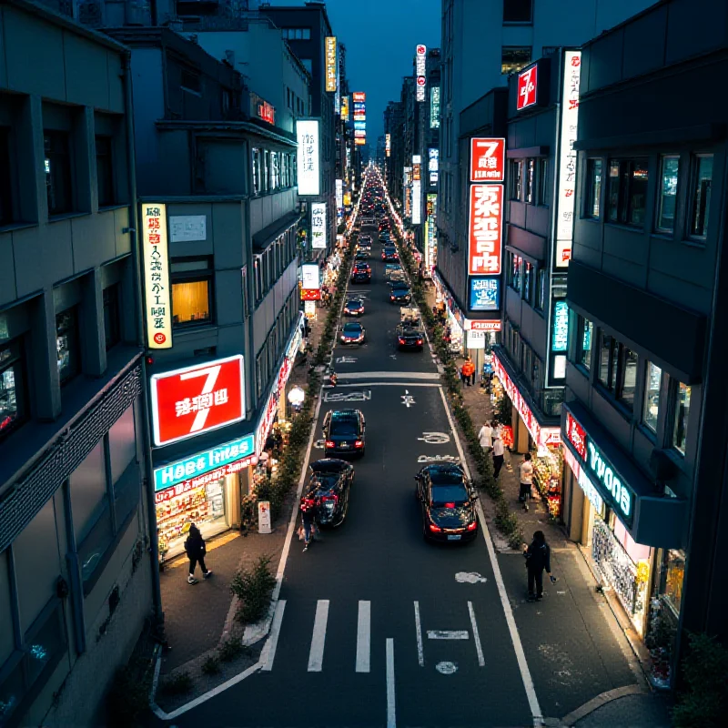 A high-level view of a busy city street in Tokyo, Japan, with numerous Seven & i convenience stores visible.