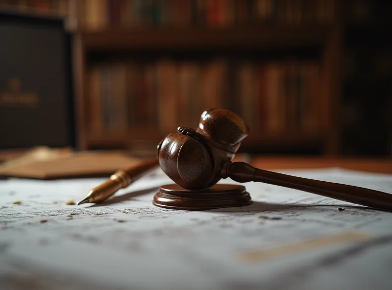 Gavel resting on legal documents with Casino logo blurred in the background