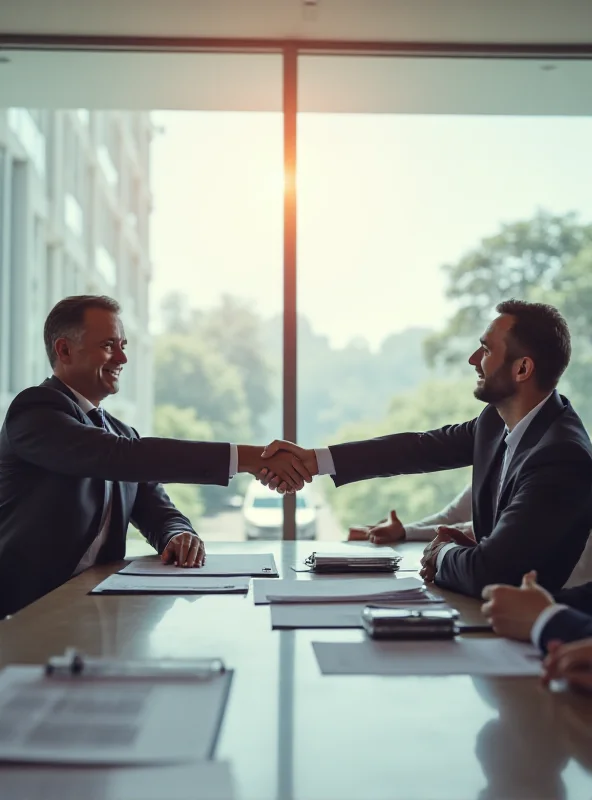 Two people shaking hands across a table in a modern office setting, symbolizing mediation and conflict resolution