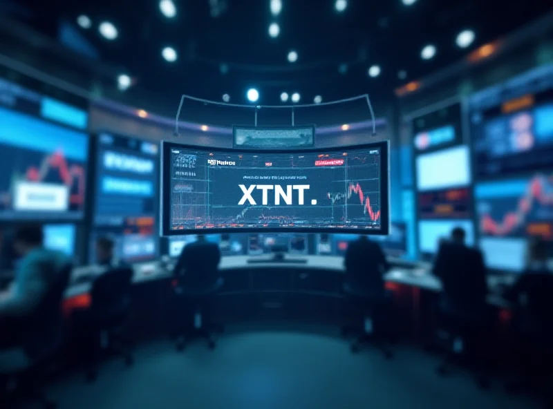 Stock ticker scrolling across a screen in a financial news studio, with the XTNT ticker highlighted.