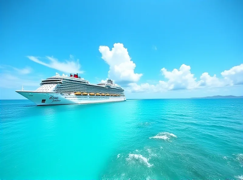 A Royal Caribbean cruise ship sailing on a sunny day, with clear blue water and sky in the background.