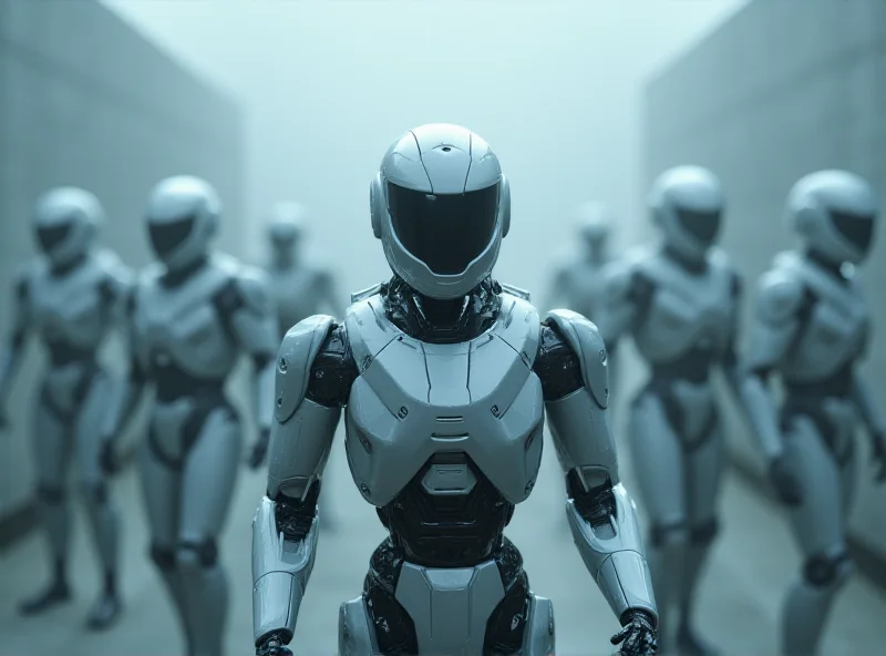 A futuristic scene depicting a humanoid robot standing in a military setting, rendered with a focus on ethical considerations and responsible AI development.