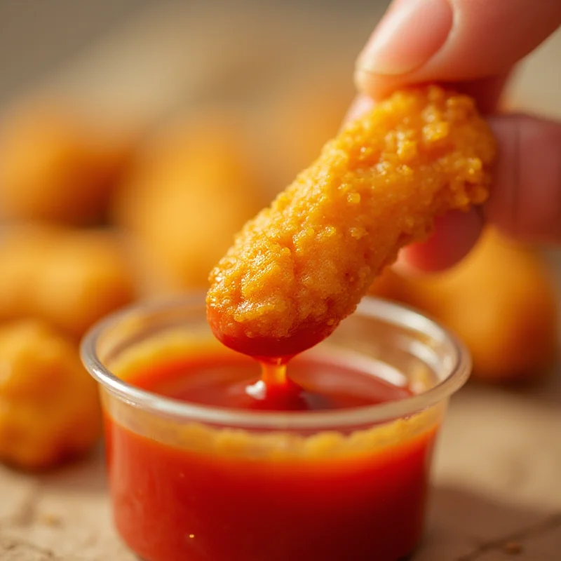 Image of a chicken McNugget with dipping sauce.